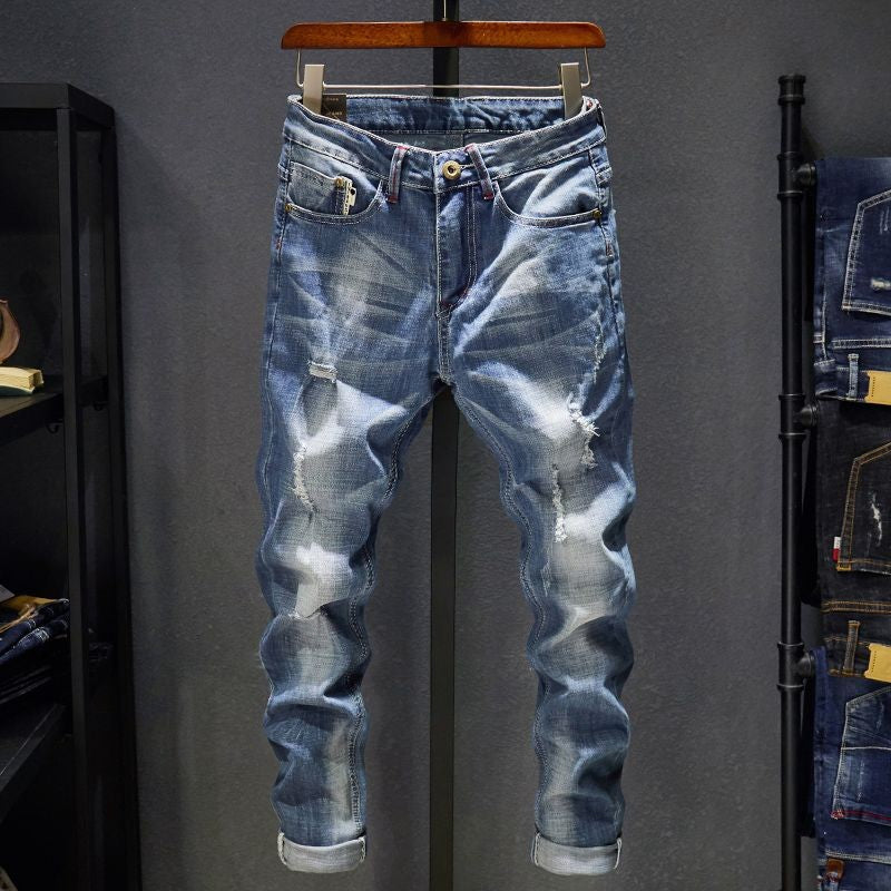 American Elastic Straight Jeans Men Ripped Worn-out Slim-fit Cotton Denim Pants Korean Style Fashion Blue Black Men's Clothing