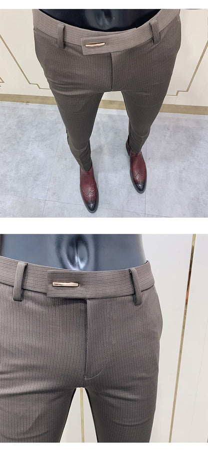 Calça Social Listrada Masculina Slim Fit com Tornozelo Justo Calça Social Masculina para Escritório e Festa Calça Social Masculina para Negócios Slim Fit