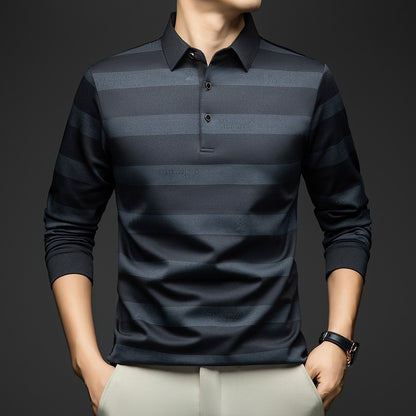 BROWON Elegant Mens Polo Shirts 2025 Spring Autumn Long Sleeve Lapel Collar Big Striped Pattern T-shirt Male New in Tops & Tees