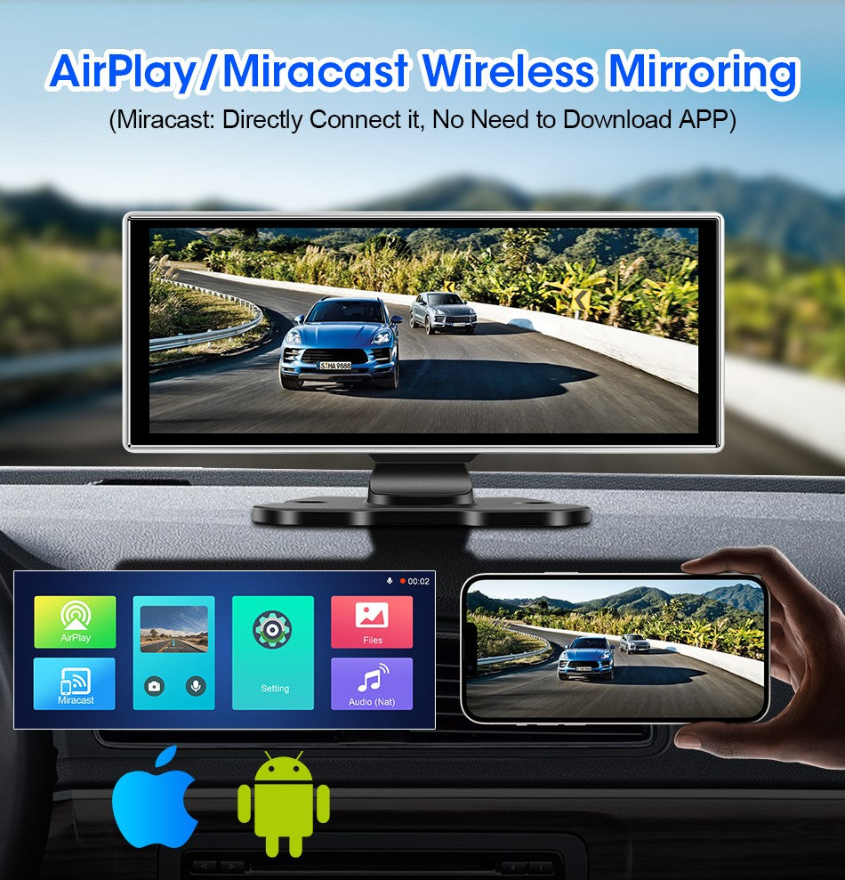 Câmera Veicular 10/11.26 polegadas 4K DVR Automotivo Sem Fio Carplay & Android Auto GPS Navegação Gravador de Vídeo Painel Dupla Lente Wifi FM AUX