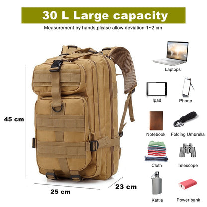 Mochila Tática Militar de 30L em Nylon 900D Impermeável para Esportes ao Ar Livre, Acampamento, Caminhada, Trekking, Pesca e Caça