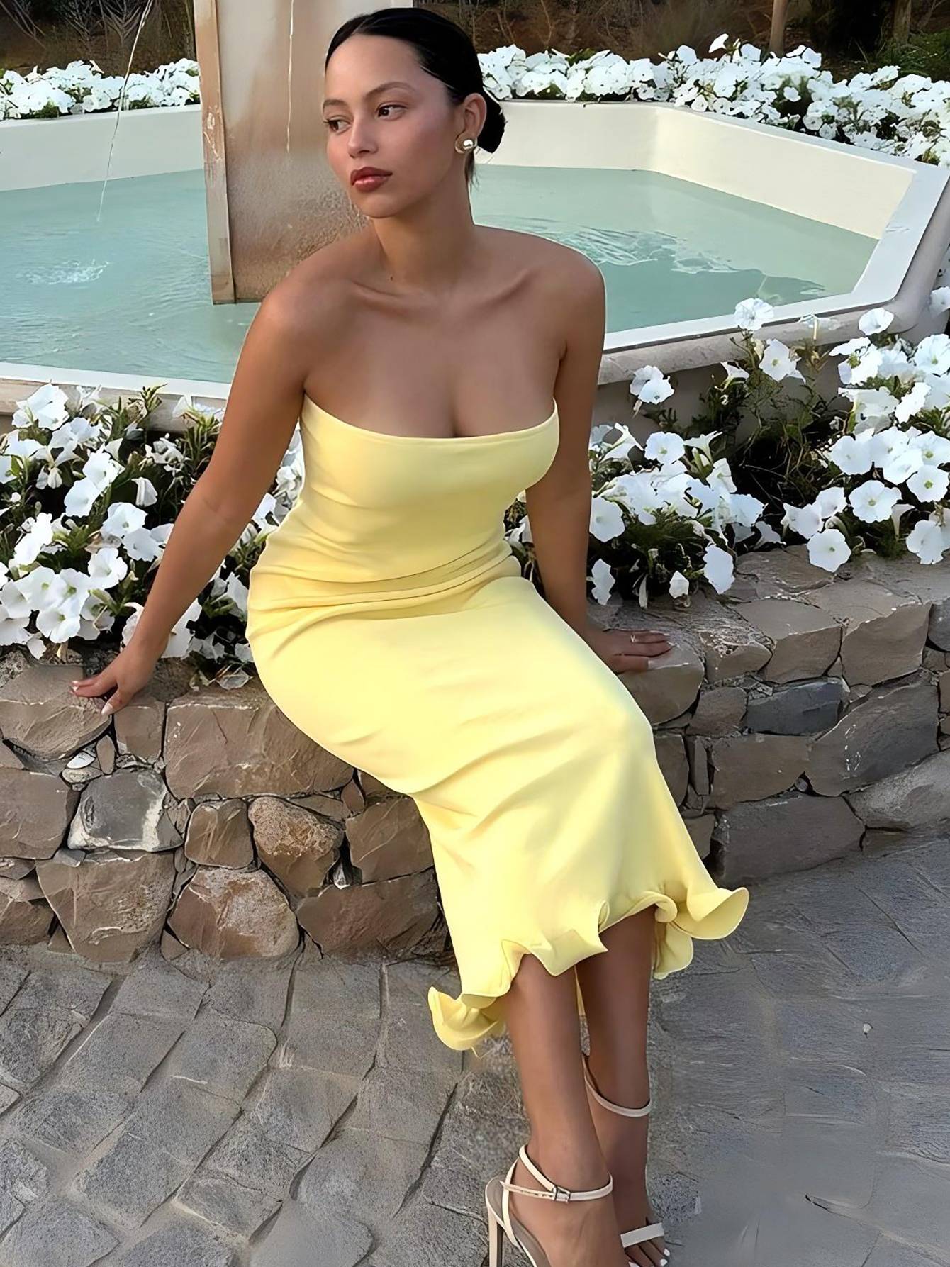 Dulzura Sleeveless Ruffles Patchwork Strapless Bodycon Midi Dress Women'S Solid