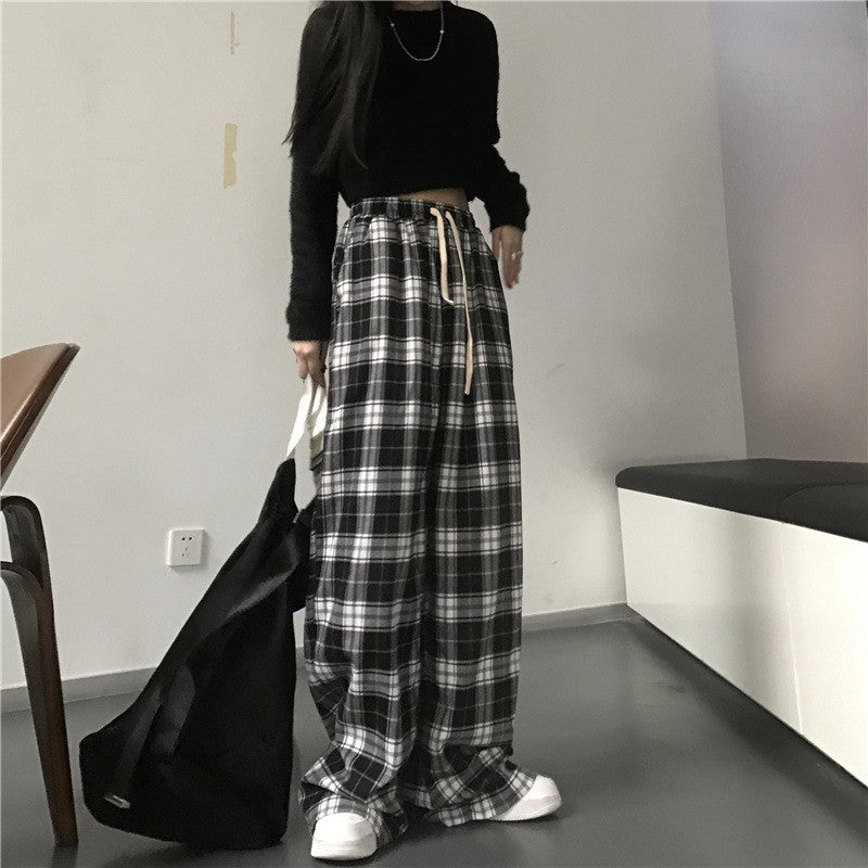 Women Black Plaid Wide Leg Pants Casual Hip Hop Elastic Waist Pockets Baggy Trousers Loose Vintage Y2K Sweatpants Streetwear