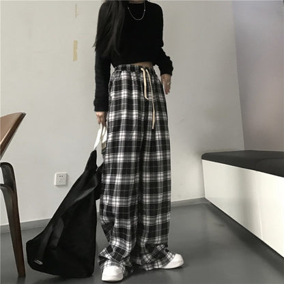 Women Black Plaid Wide Leg Pants Casual Hip Hop Elastic Waist Pockets Baggy Trousers Loose Vintage Y2K Sweatpants Streetwear