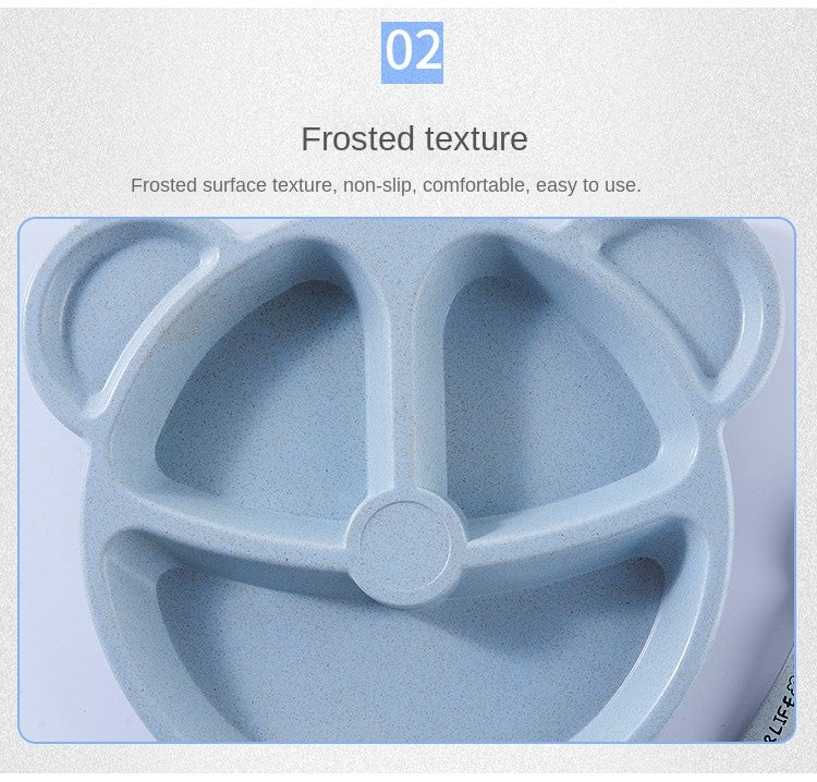 3-Piece Cute Divided Dining Plate for Children's Bowls Solid Color Fork Spoon Sucking Tableware Set with Wheat Material