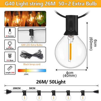 Outdoor LED Waterproof G40 String Light EU Plug Shatterproof Light Bulb Garden Fairy String Lights for Patio Festoon Party Decor