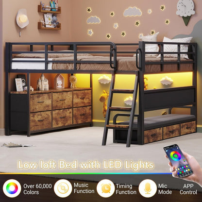Low Loft Bed Full Size, Full Size Loft Bed for Kids with 9 Storage Drawers & 15.8 H Safety Guardrail & Inclined Ladder & Safety