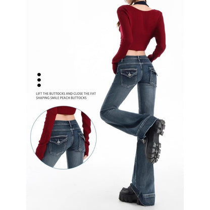 Vintage American-style hot girl low-waisted flare pants micro-flare jeans women's slim-fitting elastic Y2K casual wide-leg jeans