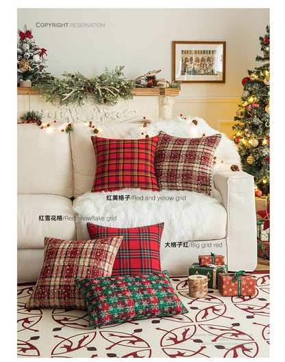 Home Christmas Decor Plaid Cushion Covers Red Checkered Polyester Cotton Xmas Ornament Snowflake Throw Pillowcase Decorative
