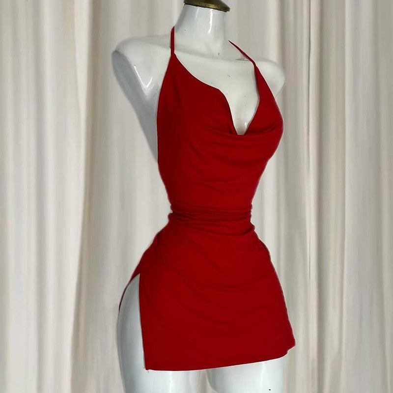 Women's Sexy Home Halter Camisole Dress Summer Spice Girl Dress Y2K Sexy Sleeveless Backless Red Mini Dresses Bodycon Lady Skirt