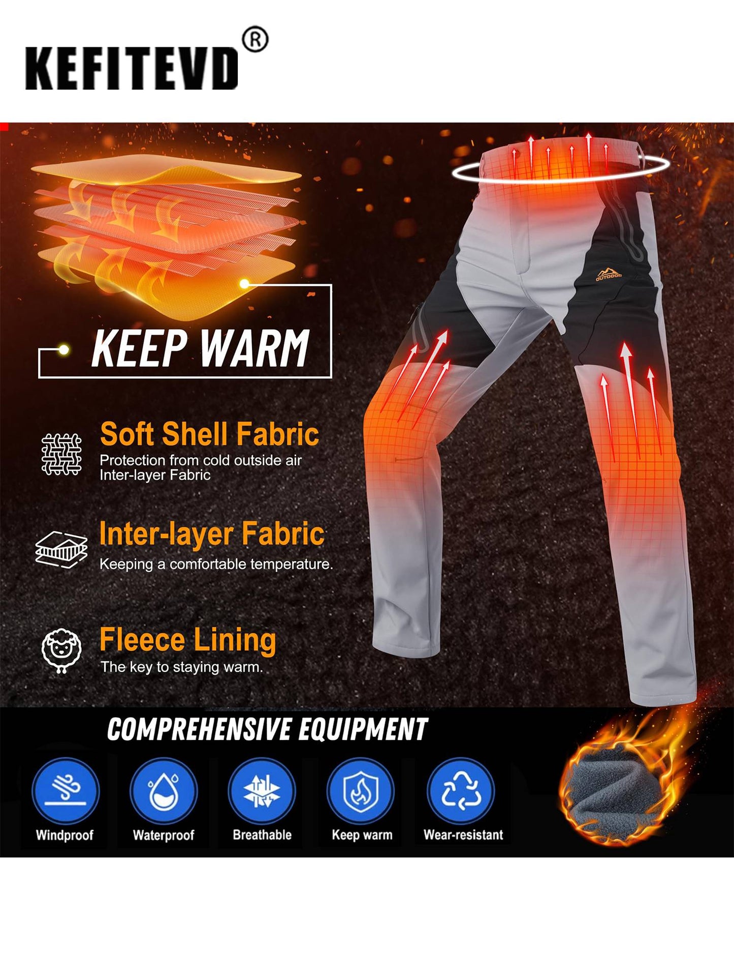 KEFITEVD Men's Winter Warm Snow Skiing Pants Waterproof Windproof Hunting Hiking Pants Trousers Outdoor Fleece Soft Shell Pants