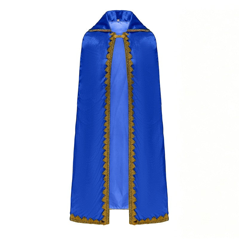 Medieval Royal Long Cape with Golden Lace Trim Floor Length Cloak Adult Men Women King Queen Halloween Cosplay Themed Party Cos