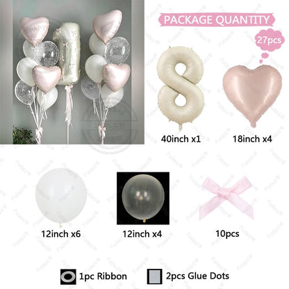 32inch Pink Bows Number Balloons Cream White Beige Number Foil Balloons Pink Bows For Birthday Coquette Themed Party Decor