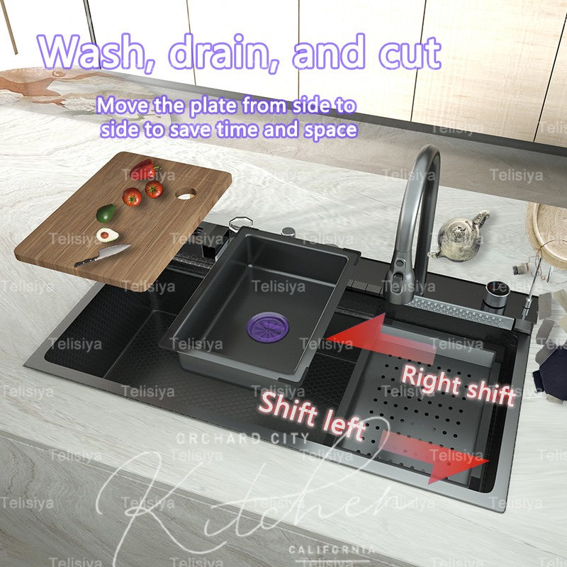 Stainless Steel kitchen Sink With Waterfall Golden Large Single Slot Multifunctional Digital Display Sinks 100*50CM