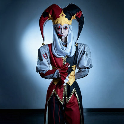 Kingdom of Marionettes Jestyn Cosplay Costume Gothic Jester Uniform Halloween Party Roleplay Outfit With Hat Mask