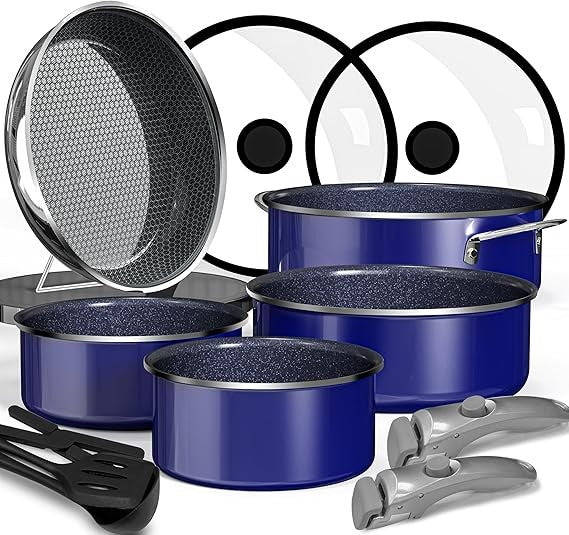 Pro 12 peças, conjunto de panelas e frigideiras de aço inoxidável híbrido 3 camadas, cerâmica de 2 camadas, para indução, para selar e fritar em alta temperatura