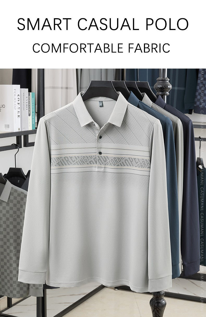 TFETTERS Elegant T Shirt for Man 2025 Spring Autumn Tops Long Sleeve Turn Down Collar Graphic Smart Casual T-shirt for Men