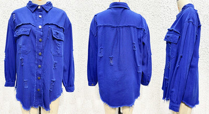 Autumn Winter Women's New Denim Jacket Fashion Grinding Edge Broken Hole Hollow Long Sleeve Single Breasted Casual Collar Top