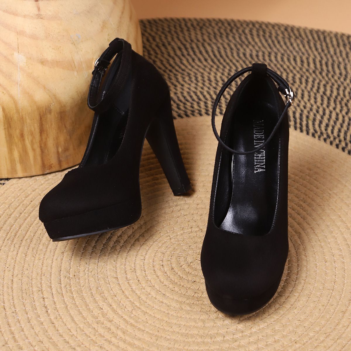 Large Size 42 Sexy Super High Heels Shoes for Women Ankle Buckle Chunky Platform Pumps Woman Black Flock Square Heel Party Shoes