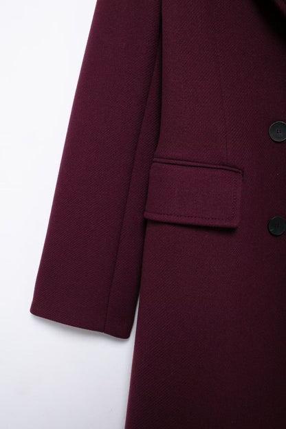 HH Women Fashion Burgundy Woolen Coat Double Breasted Long Sleeve Lapel Blends Jacket Autumn Winter High Street Outerwear