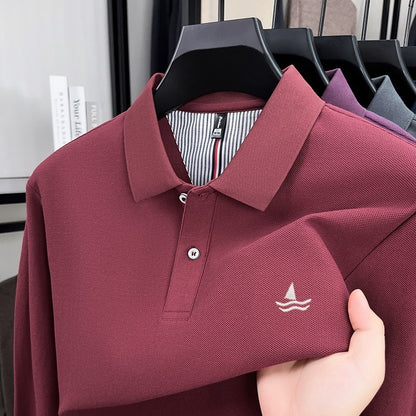 100% pure cotton spring and autumn fashionable men's collar striped long sleeved polo shirt brand sailboat embossed design casua