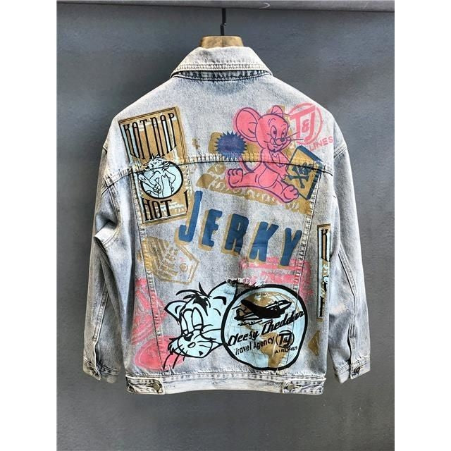 Fashion Cartoon Graphic Print Denim Jacket Men Streetwear Trend Hole Casual Loose Jean Jackets Coat Tops Clothing