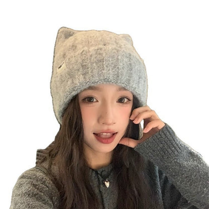 1PC Cat Ear Knitted Beanies, Cute Winter Warm Wool Hats For Women, Korean Style Fashion Headwear