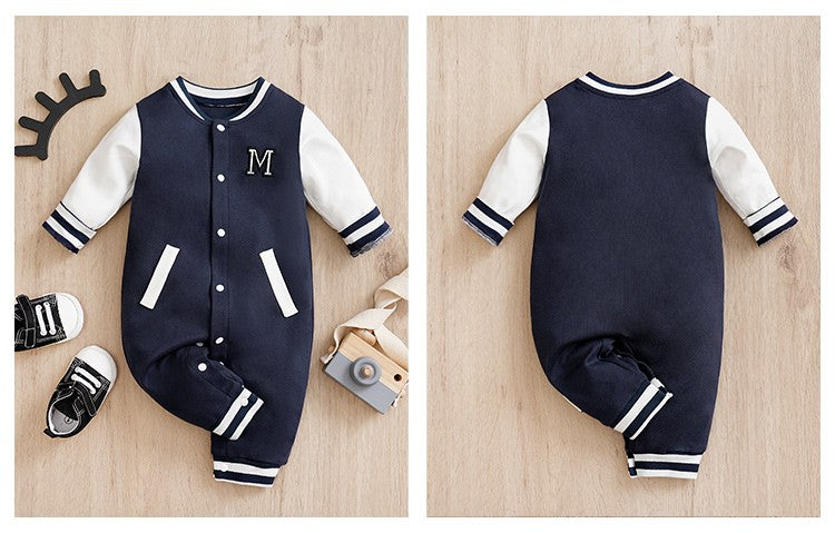 Macacão Recém-nascido Uniforme de Beisebol Primavera e Outono 0-18 meses Meninos Algodão Roupa de Bebê Macacão Bordado Pré-escola