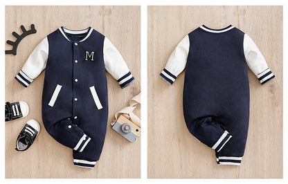 Macacão Recém-nascido Uniforme de Beisebol Primavera e Outono 0-18 meses Meninos Algodão Roupa de Bebê Macacão Bordado Pré-escola