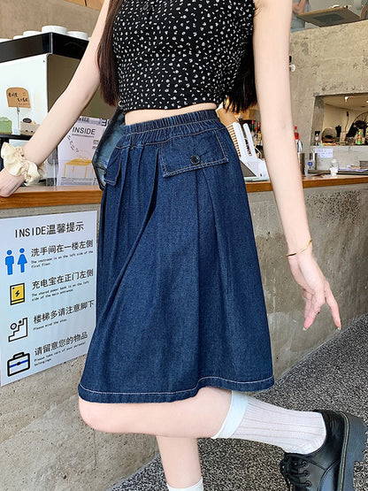 Casual Summer Plus Size Midi Denim Skirts Woman Preppy Loose A-line Ruffles Skirt With Shorts Elastic Waist Jeans Skirts Women