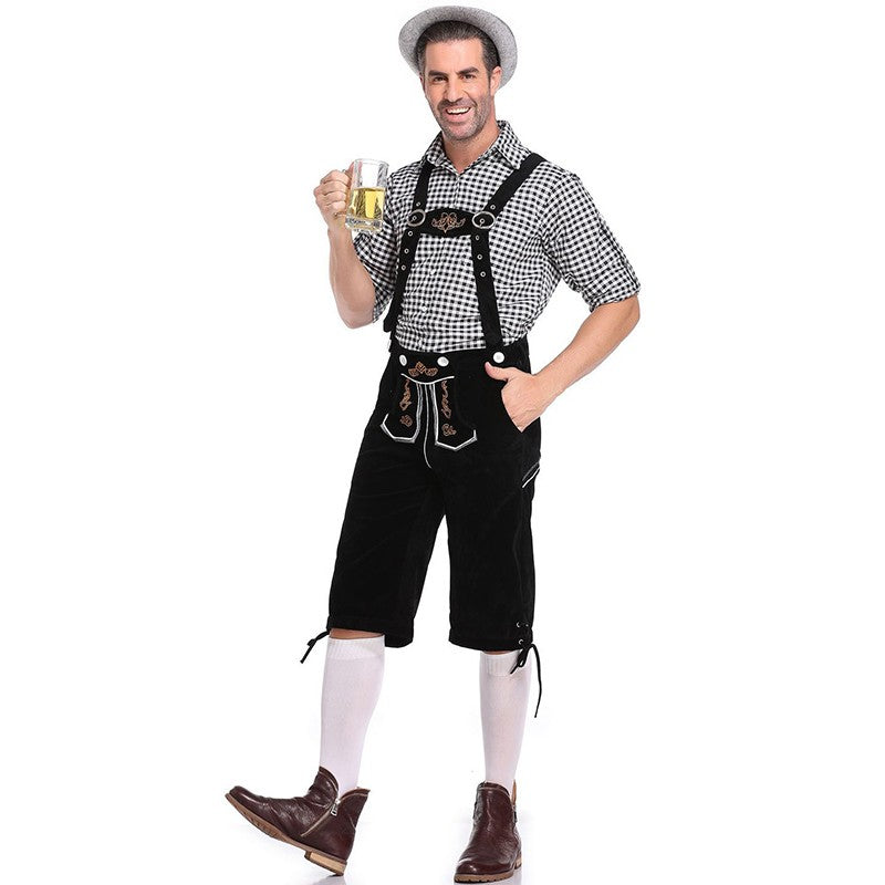 Germany Oktoberfest Costumes Adult Men Traditional Bavarian Beer Shorts Outfit Overalls Shirt Hat Suspenders Set Halloween Cloth