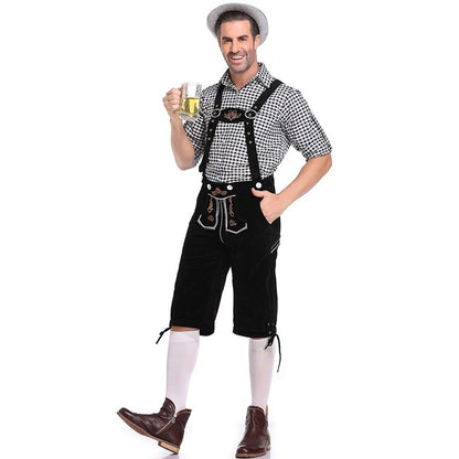 Germany Oktoberfest Costumes Adult Men Traditional Bavarian Beer Shorts Outfit Overalls Shirt Hat Suspenders Set Halloween Cloth