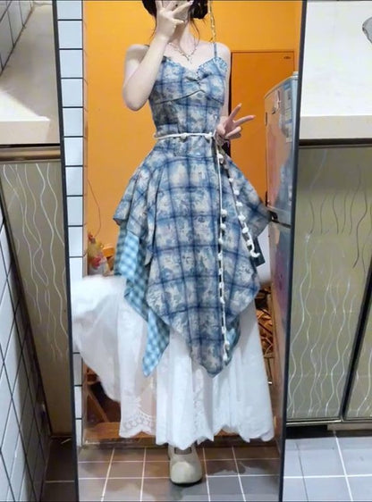 Watercolor Gingham Slip Dress Women 2025 Summer Sweetheart Aesthetic Asymmetric Tie Waist A Line Dreamcore Romance