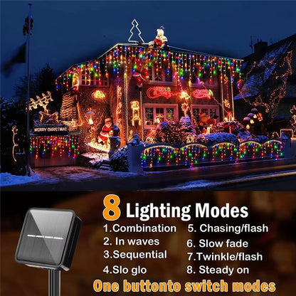 Christmas Lights Outdoor Waterproof Solar Curtain Icicle Lights Eaves Decor String Lights for Yard Party Holiday Decorations