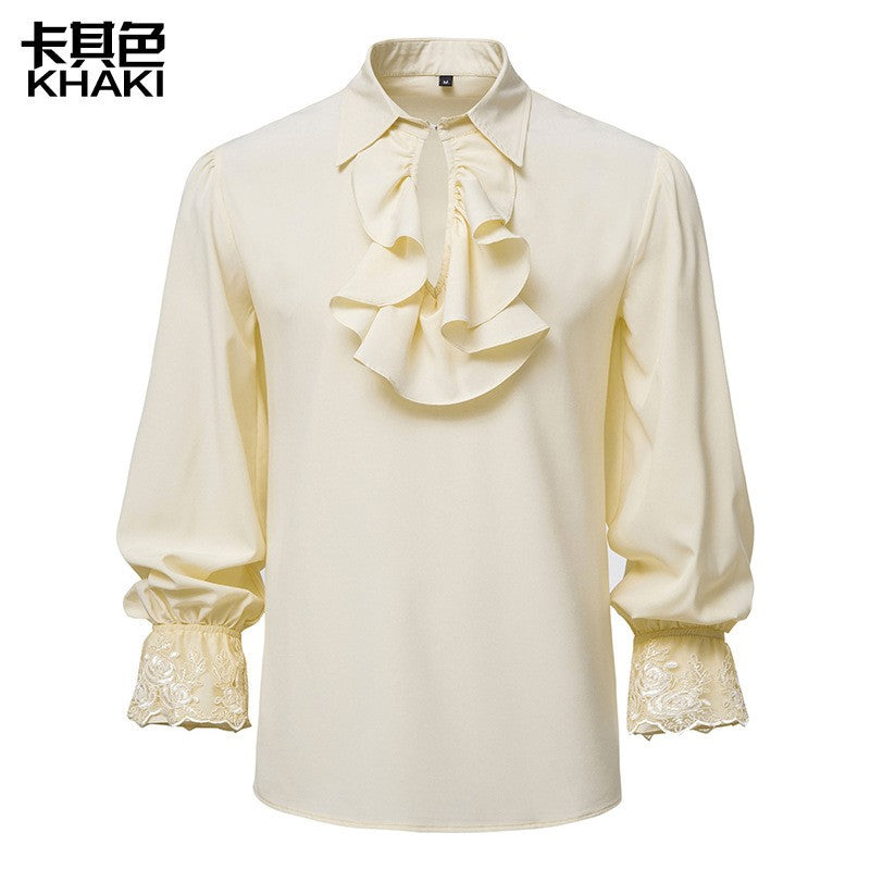 Men Steampunk Ruffle Shirt Long Sleeve Lace Cuff Medieval Victorian Halloween Costume Tops
