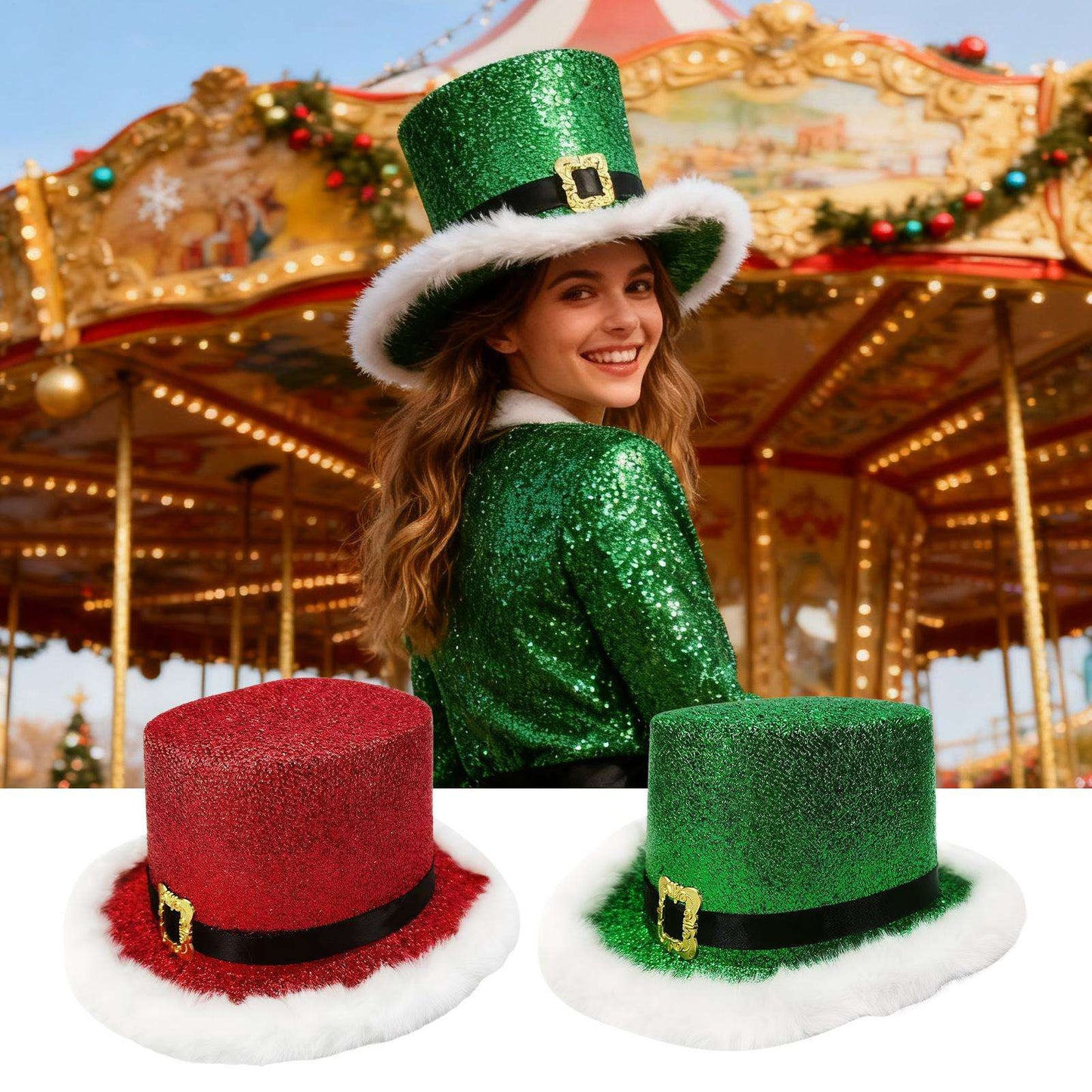Comfortable Festive Cosplay Caps New Year Christmas Top Hat Red Green Top Hat With White Brim For Men Women Performance Cosplay
