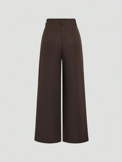 Women's Elegant Jacquard Pleating Wide-Leg Pants Office/Commuting Solid Color Loose Casual Suit Pants, Autumn/Winter