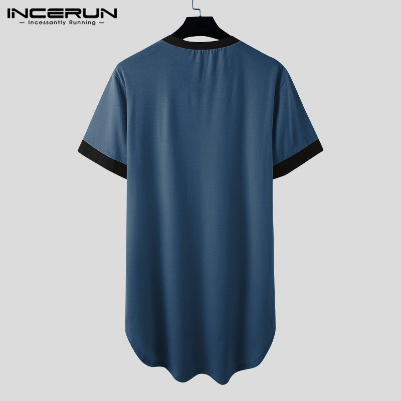 INCERUN 2024 Men Sleep Robes Short Sleeve V Neck Nightgown Patchwork Cozy Homewear Fashion Loose Mens Bathrobes Dressing Gown