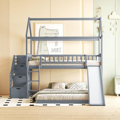 House Bunk Bed with Slide and Stairs, Twin Over Full Bunk Bed with Storage and Steps, Wood Playhouse Bunk Bed for Kids