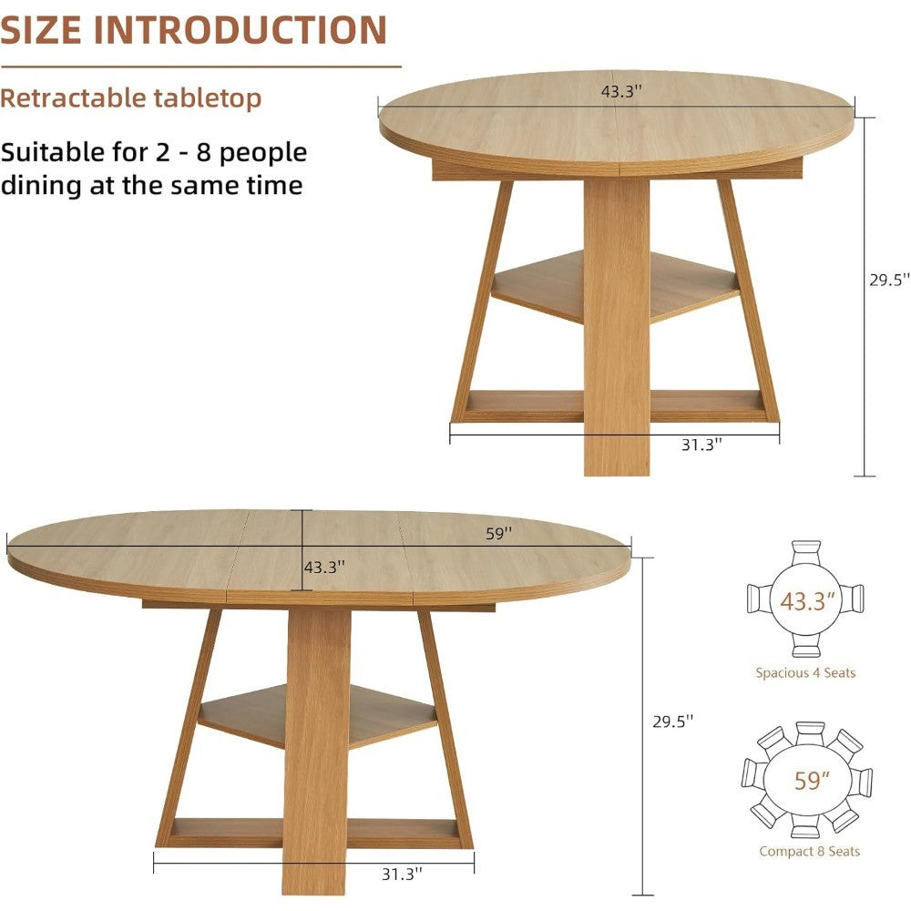 Mid Century Modern Extendable Dining Table Seats 4-8, Round & Oval with Hidden Leaves for Space-Saving, Cross Base Design
