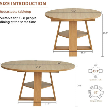 Mid Century Modern Extendable Dining Table Seats 4-8, Round & Oval with Hidden Leaves for Space-Saving, Cross Base Design