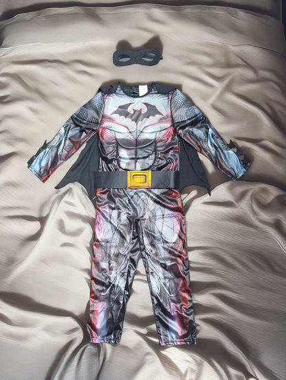 Kids Dark Hero Muscle Costume with Eye Mask, Boys Fancy Jumpsuit for Halloween Cosplay Party