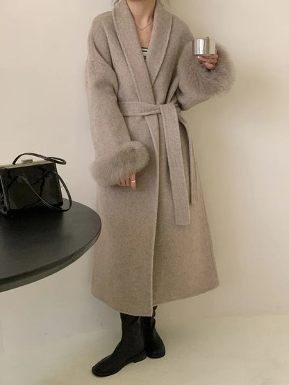 Casacos Curtos de Lã Elegantes com Cadarço Sólido Lapela Solta Cinto Peludo Manga Longa Jaqueta Feminina 2025 Outono Inverno Lady Chique Cardigãs