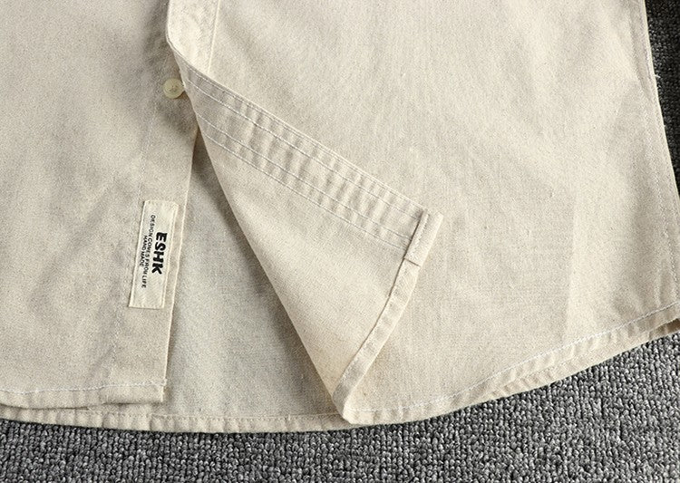 2025 Spring New Japanese Retro Long Sleeve Lapel Cotton and Linen Cargo Shirt Men's Simple Single Pocket Casual Loose Blouses