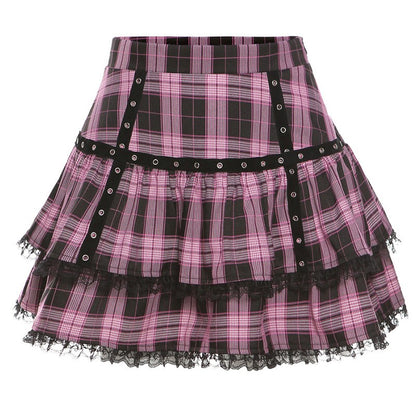 FICHOR Mall Goth Gothic Lace Ruffle Mini Skirts Womens Harajuku Fairy Grunge Pink Plaid Pleated Skirt Japanese Lolita Streetwear