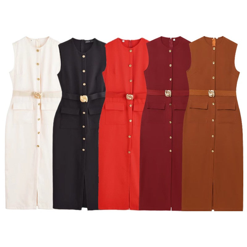 HXAO Womens Black Dresses Belt Long Dresses Summer 2025 Casual Women's Dresses M