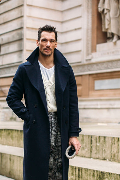 Men's Woolen Good Quality Coat Navy Blue Winter Warm Solid Double-Breasted Thick Plus V-Neck Overcoat Casual Male Overcoat