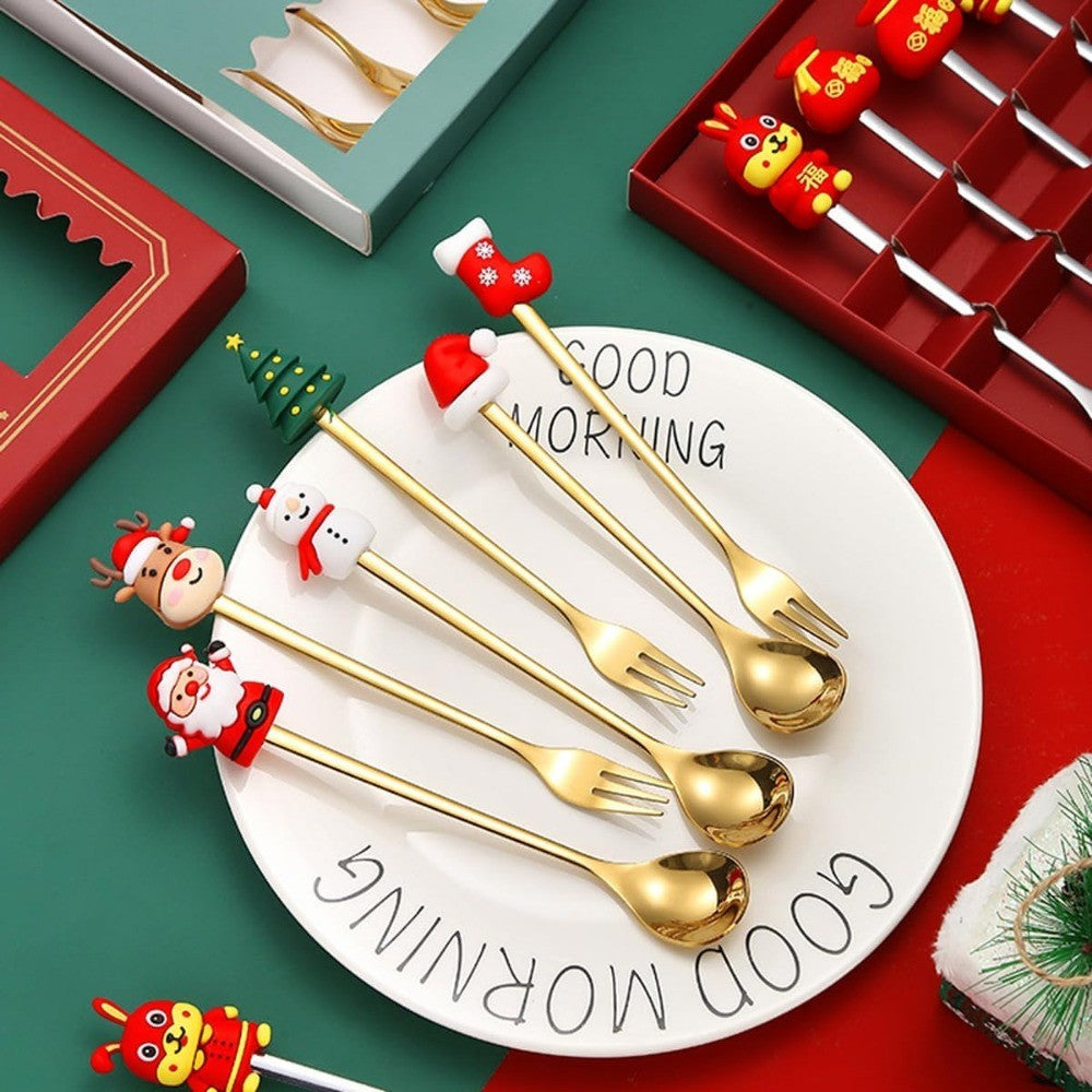 Conjunto 6 Peças de Garfos e Colheres Papai Noel Árvore de Natal Aço Inoxidável Colher de Café Sobremesa Utensílios de Mesa para Festa de Natal Presente Requintado