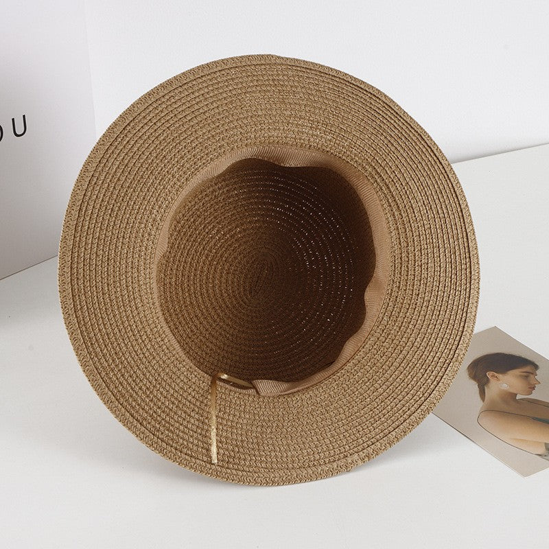 Chapéu de Sol Unissex de Verão com Topo Plano para Mulheres e Homens, Cor Sólida, Aba Larga, Fita Preta, Chapéu de Palha de Praia Dobrável, Bonés Frescos para Férias
