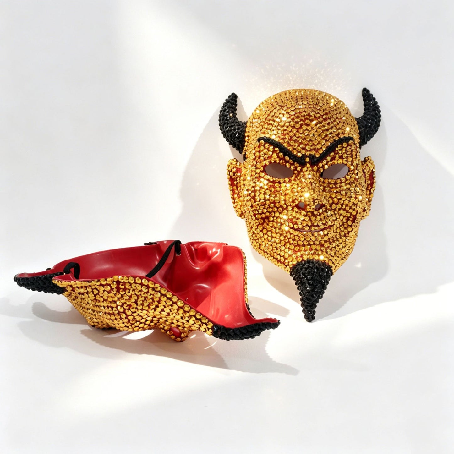 Horned Devil Rhinestone Mask, Crystal Full Face Demon Mask for Halloween Costume, Masquerade, and Festival Parties